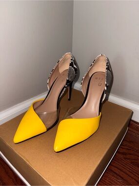 Mix No. 6 Hilani Yellow Pointed Toe D"Orsay Pumps with Snake-Print Heel
